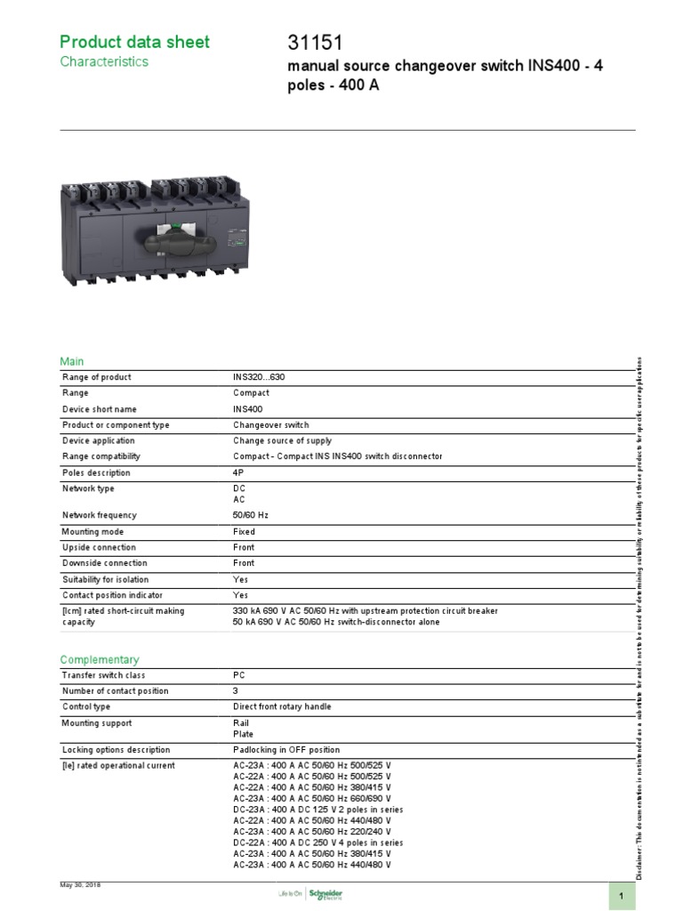 Schneider INS400 400A Changeover Switch | PDF | Switch | Electromagnetism