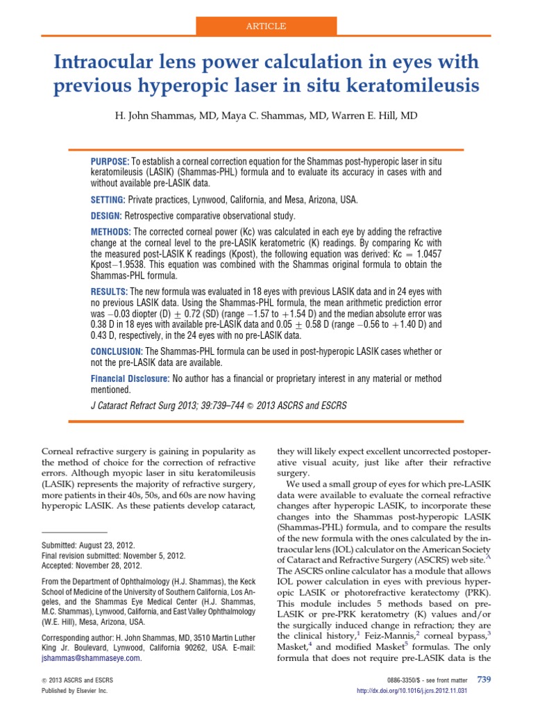 Intraocular Lens Power Calculation In Eyes With Previous Corneal – UQCC