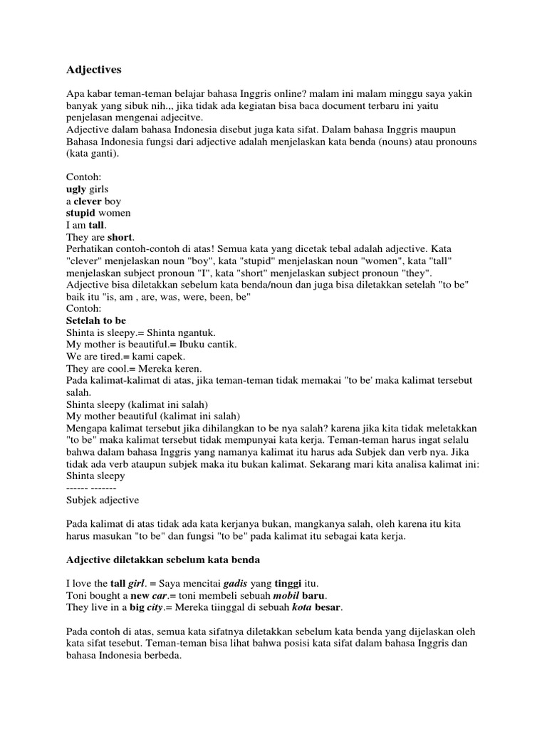 500 Contoh Macam Kata Sifat Dalam Bahasa Inggris Beserta