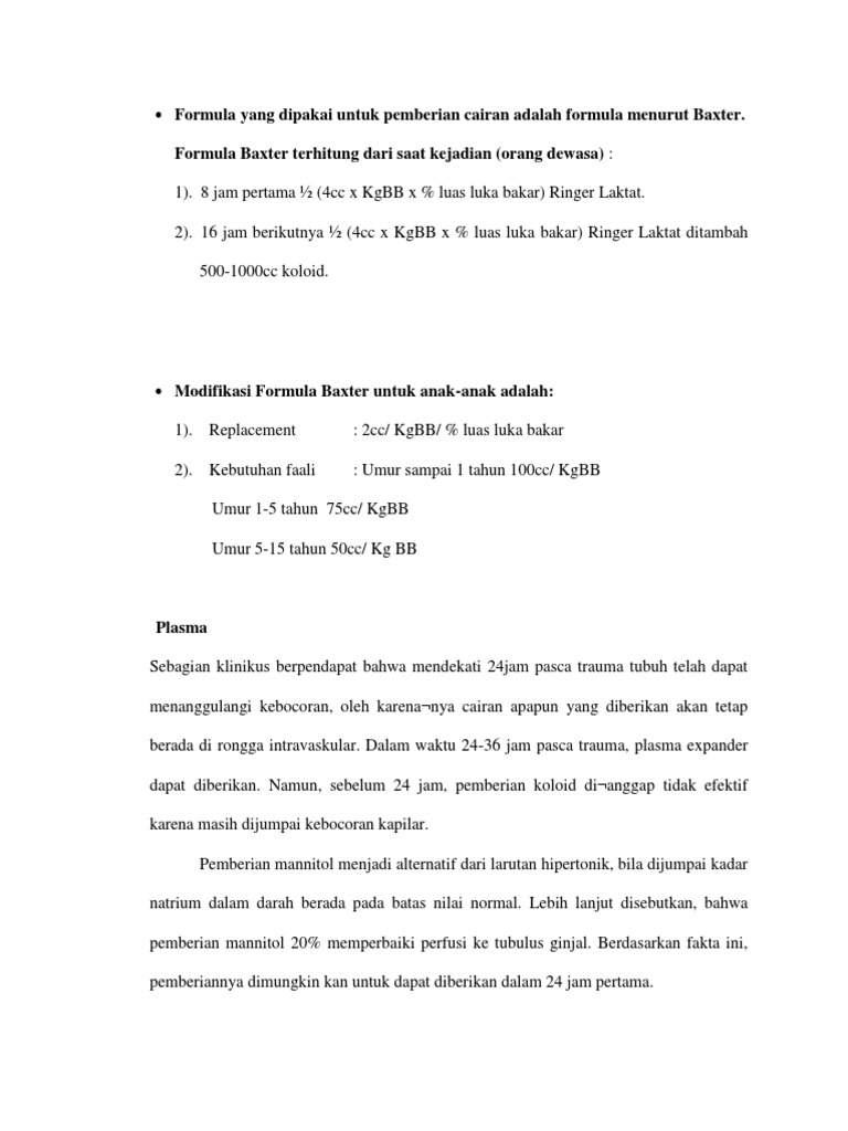 Formula Yang Dipakai Untuk Pemberian Cairan Adalah Formula Menurut Baxter