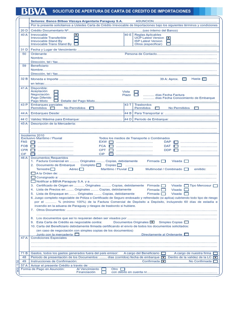 Solicitud Apertura Carta Credito Importaciones Pdf Carta De Credito Bancos