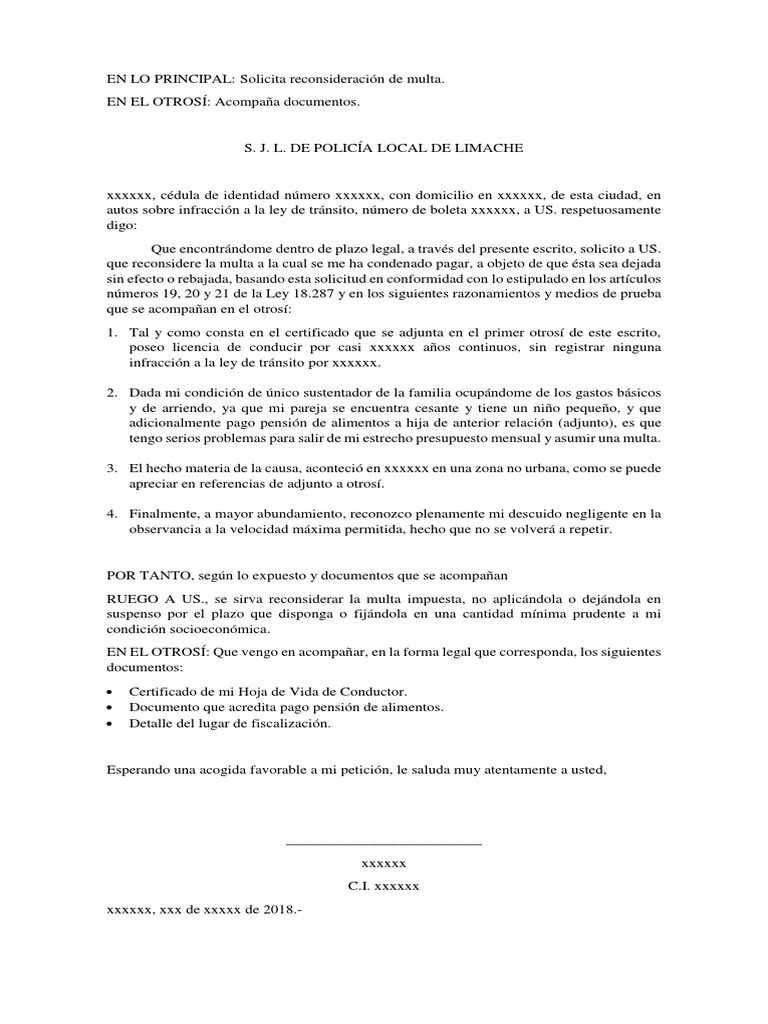 Solicita Reconsideración de Multa Juzgado Policia Local PDF