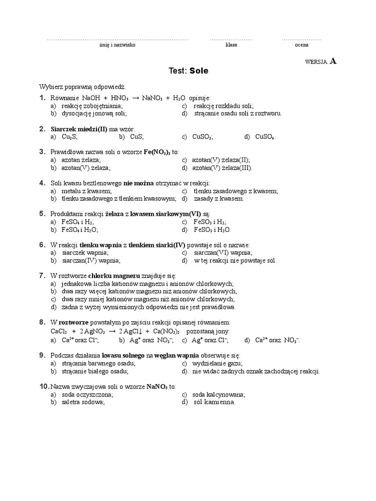 Sprawdzian Z Chemii Sole Klasa 8 Sprawdzian Sole | PDF