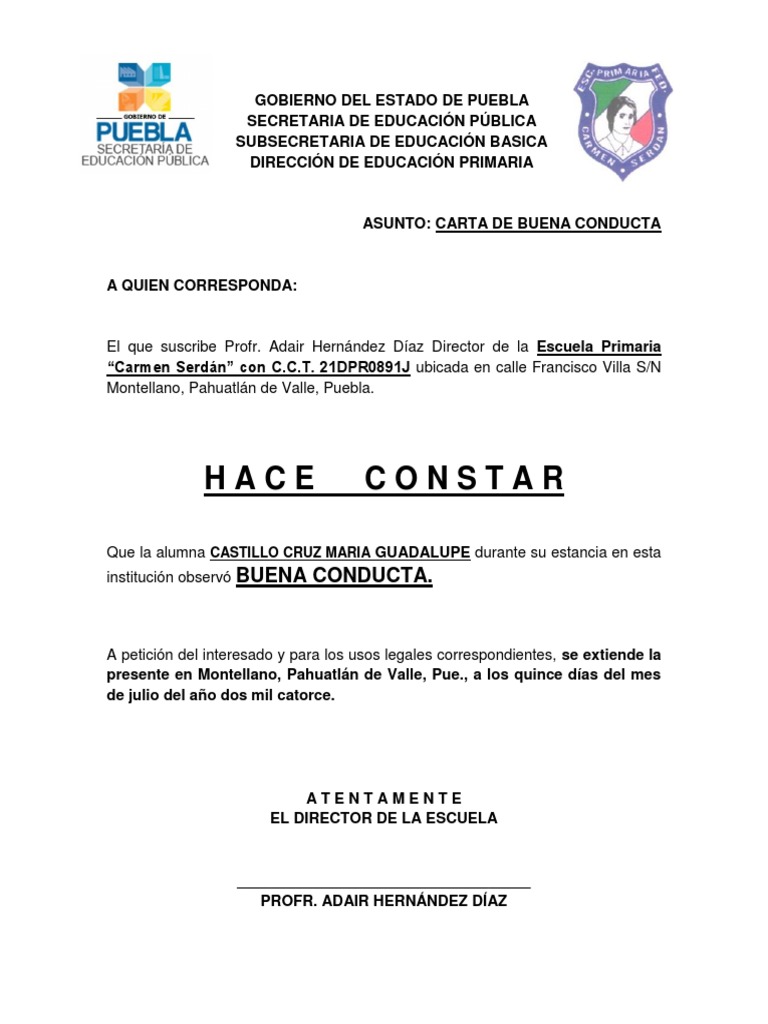 Carta de Buena Conducta | PDF | Modificación de comportamiento ...