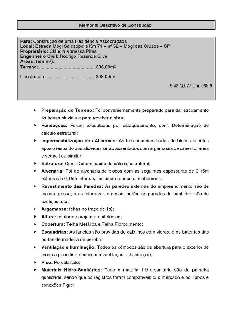 Memorial Descritivo Da Construção | PDF | Argamassa (alvenaria ...