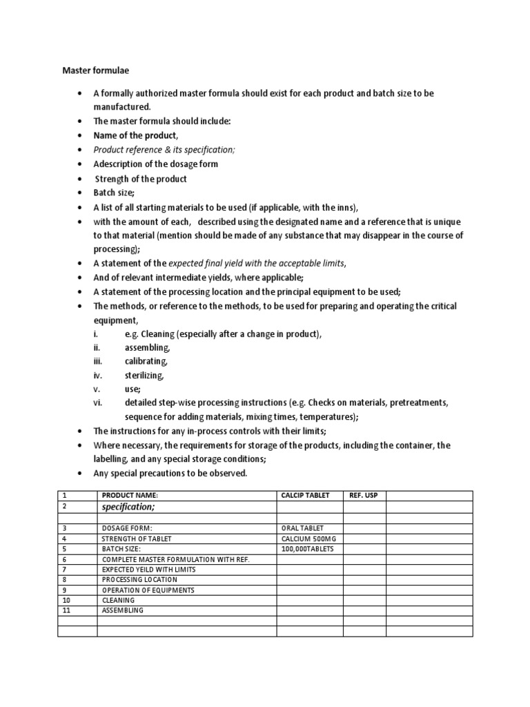 Master Formula Record Guidelines | PDF
