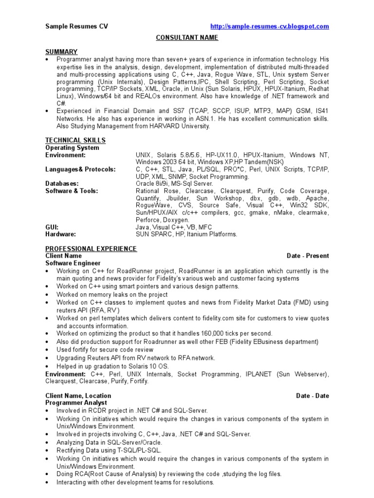 resume Resume C c developer sample resumes cv unix programming language