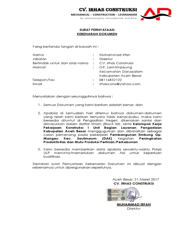 Surat Pernyataan Kebenaran Dokumen Pdf