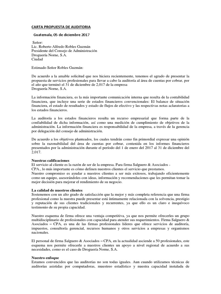 Carta Propuesta de Auditoria  PDF  Contabilidad  Estado financiero