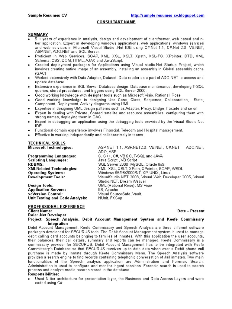 Resume Sample Resume For Net Developer With 2 Year Experience dot net developer sample resume cv microsoft sql server visual studio