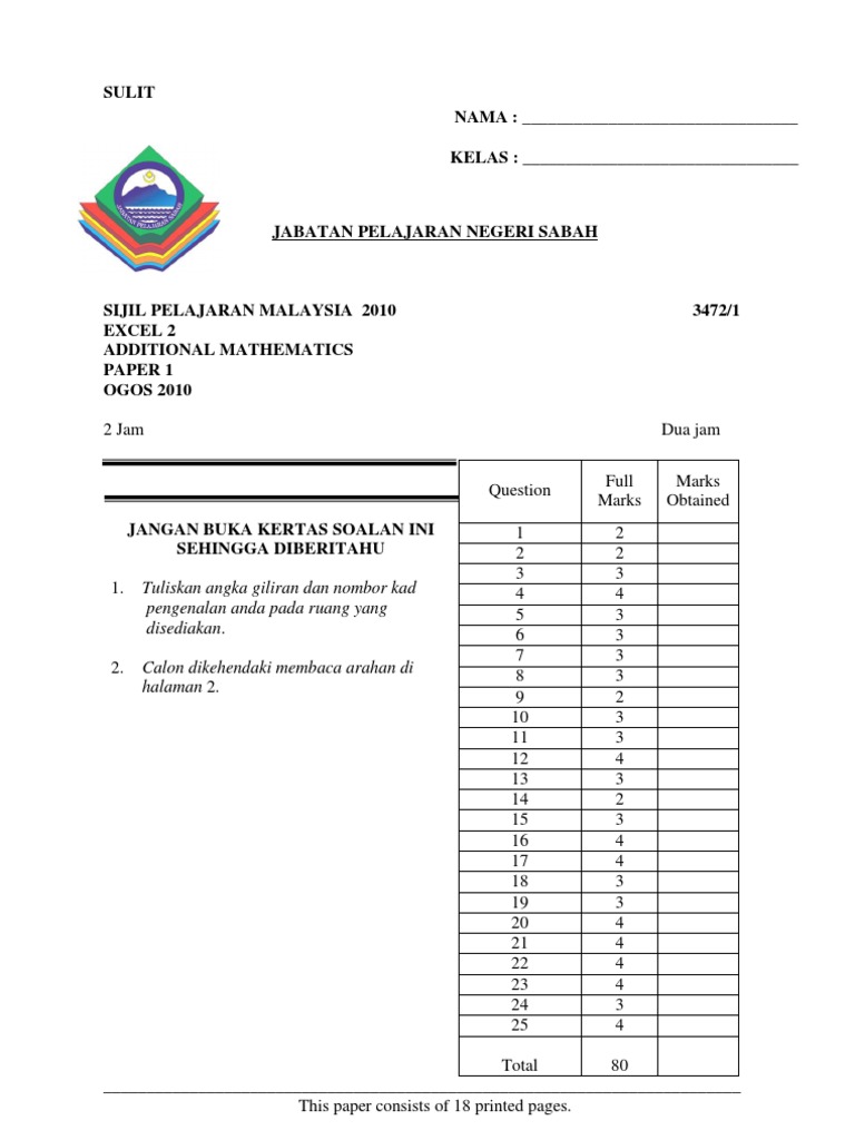 SPM Sabah Addmaths P1 2010 | PDF | Trigonometric Functions | Elementary ...