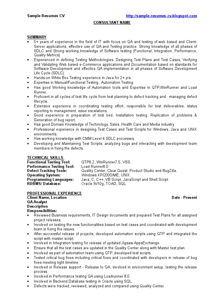 resume Qa Sample Resume qa sample resume cv software bug development