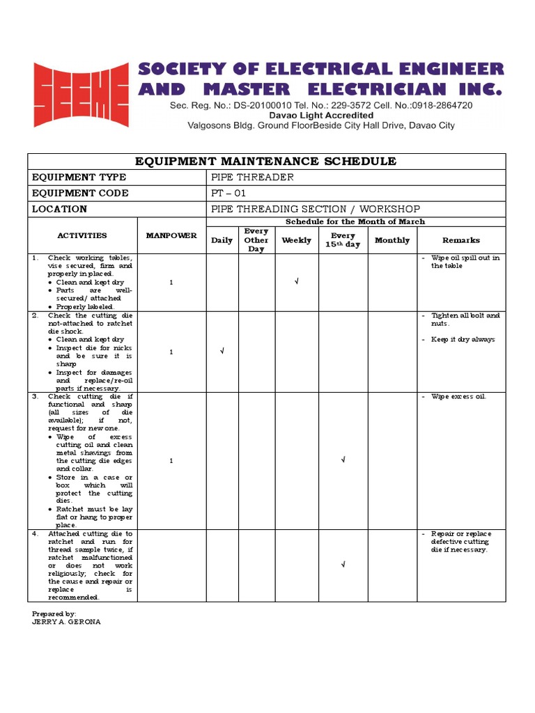 Electrical Maintenance Schedule Template | PDF | Drill | Electrician