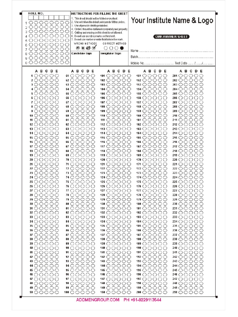 200 Items Answer Sheet | PDF for Free Printable Answer Sheet 1 100