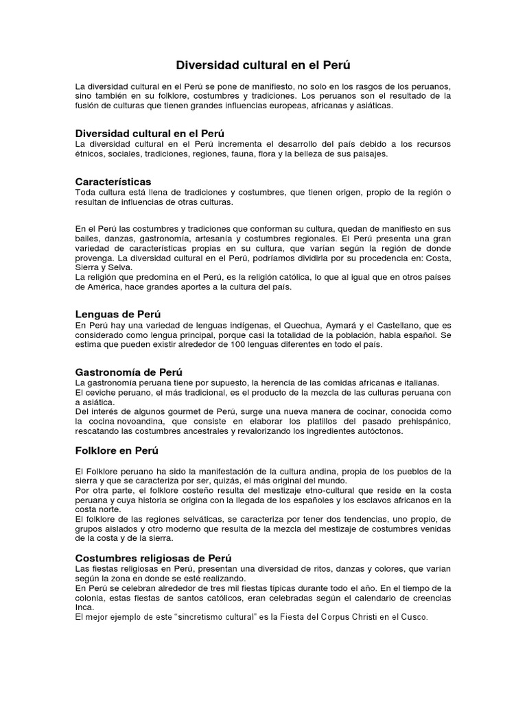 Diversidad Cultural en el Perú | PDF | Perú | Diversidad cultural