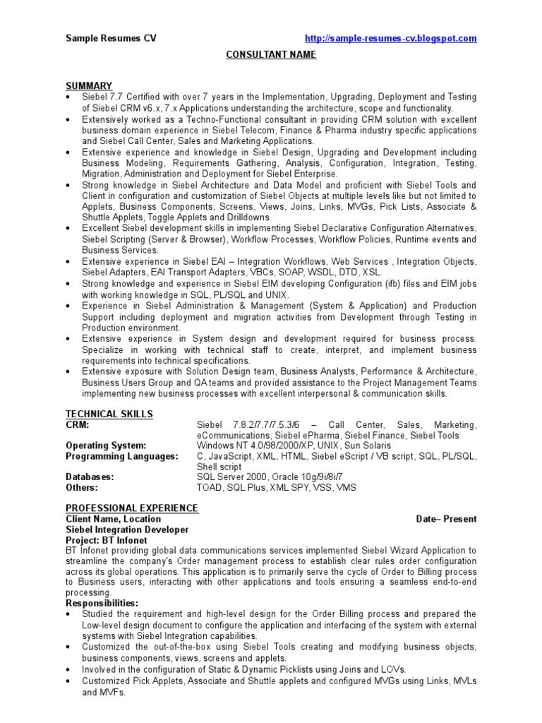 Siebel Developer Resume Sample | PDF | Oracle Database | Scripting Language