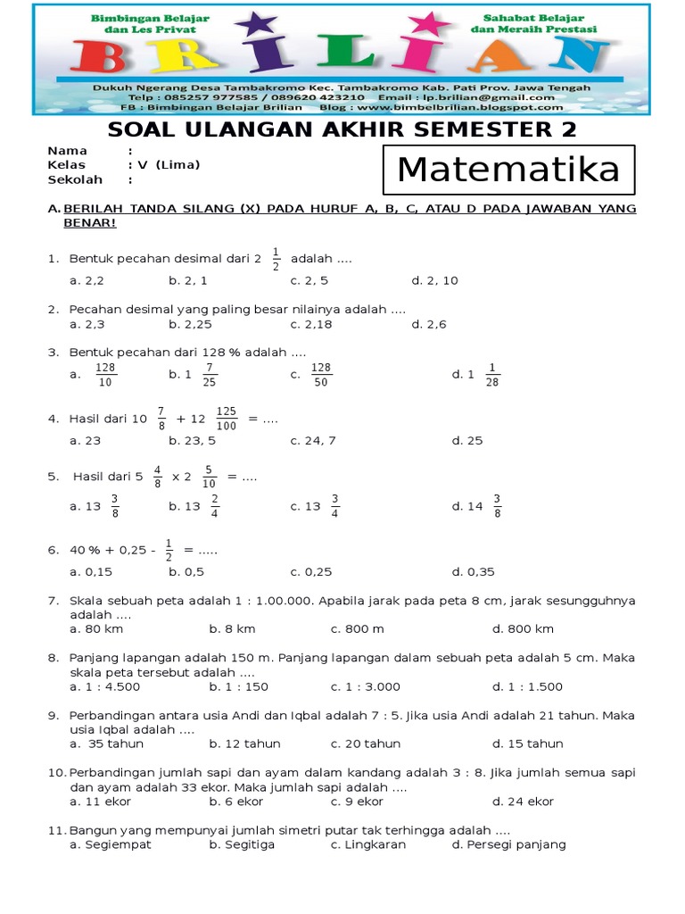 Soal Uas Matematika Kelas 5 Sd Semester 2 Dan Kunci Jawaban Pdf