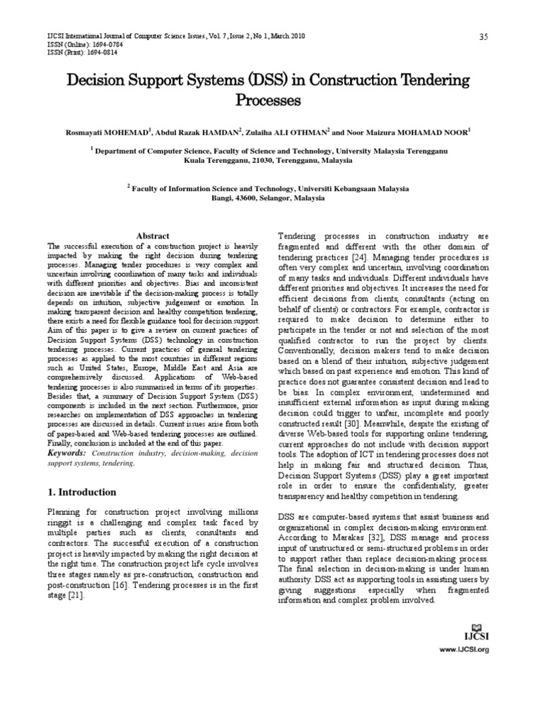 Decision Support Systems DSS in Construction Tendering Processes | PDF