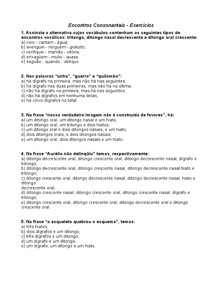 Exercícios sobre Encontros Consonantais | PDF | Fonologia | Fonética
