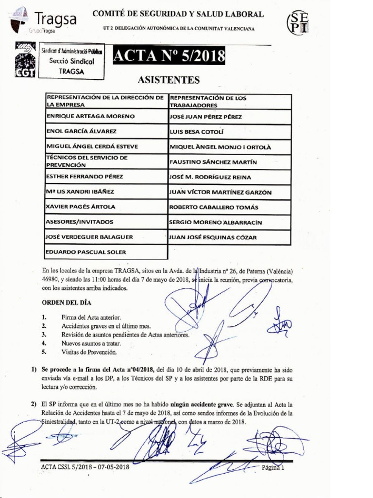 Acta 5/2018 Comité de Seguridad y Salud Laboral Tragsa UT 2 CV | PDF