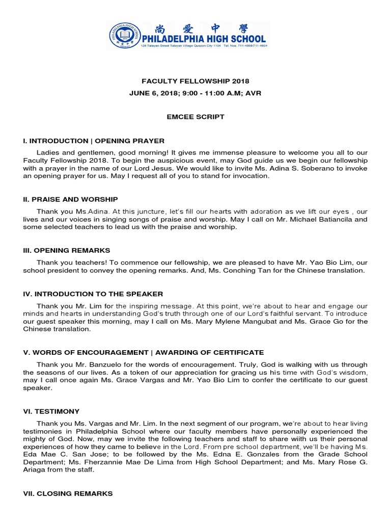 Faculty Felloship 2018 Emcee Script Pdf Worship Prayer