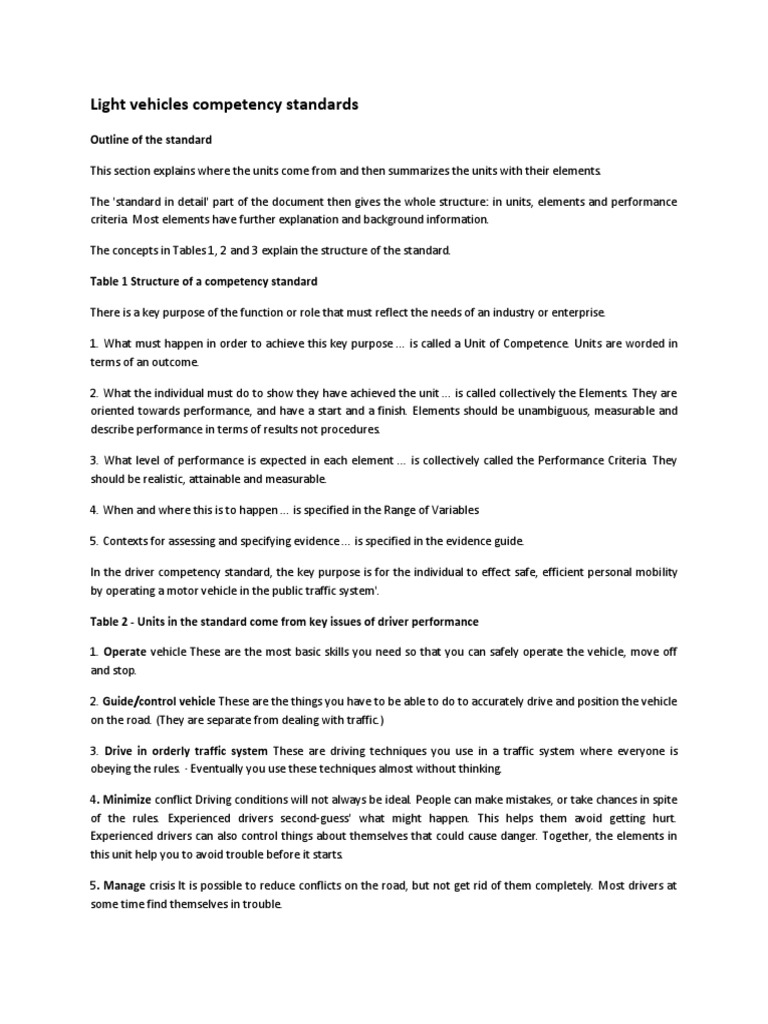Light Vehicles Competency Standards | PDF | Traffic | Cognitive Science