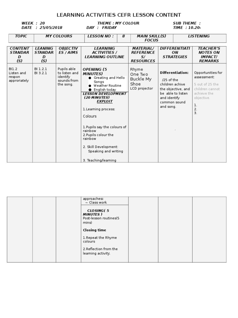 CEFR Lesson Plan: My Colours Activities | PDF | Psychotherapy | Quality ...