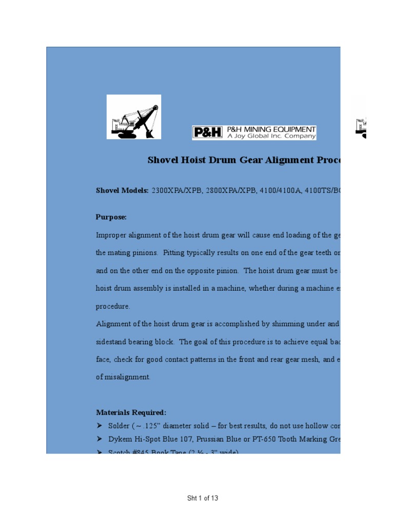 Shovel Hoist Drum Gear Alignment Procedure Summary | PDF | Gear ...