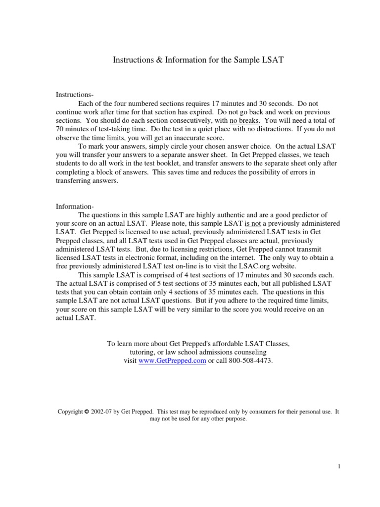 Instructions & Information For The Sample LSAT | PDF | Law School ...