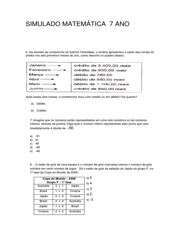 Simulado Matemática 7 Ano Pdf