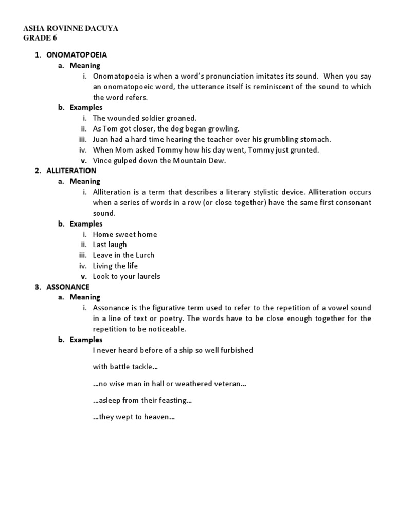 Onomatopoeia A. Meaning: Asha Rovinne Dacuya Grade 6 | PDF