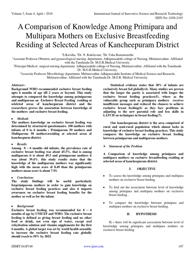 Knowledge on Exclusive Breastfeeding: Primipara vs Multipara | PDF ...