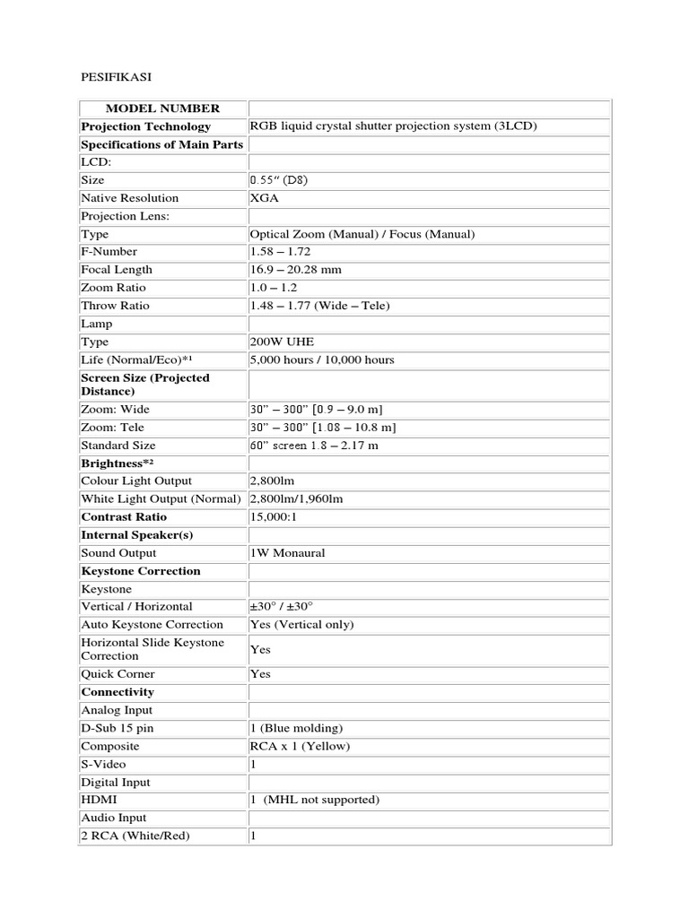 3LCD Projector Specifications Overview | PDF | Zoom Lens | Usb
