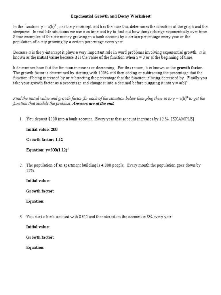 Exponential Growth and Decay Worksheet 11  Percentage  Function Inside Growth And Decay Worksheet