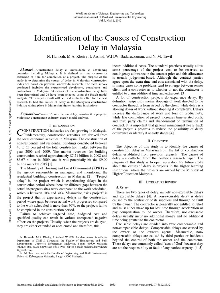 Causes of Construction Delay in Malaysia | PDF | Malaysia | Engineering