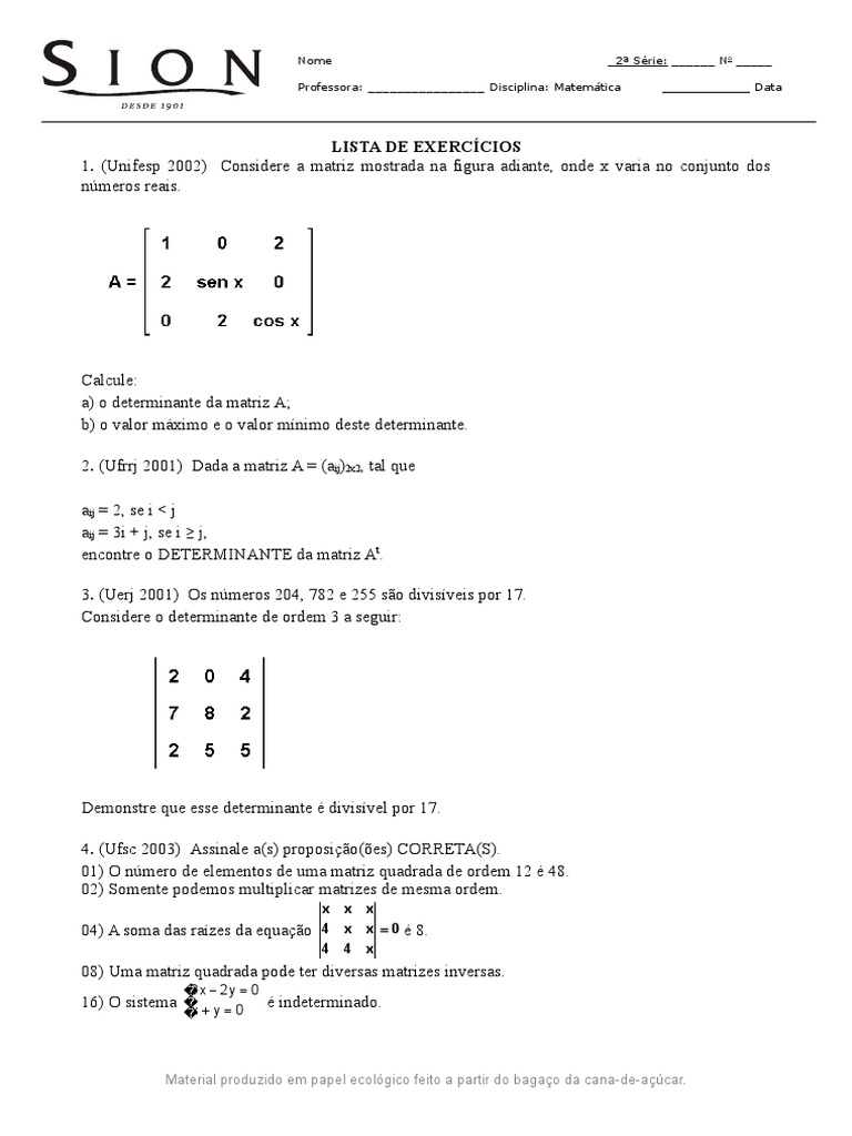 Lista de Exercicios Matrizes e Determinantes | PDF | Determinante ...