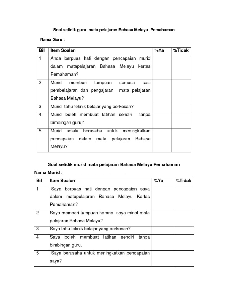 Soal Selidik Guru Mata Pelajaran Bahasa Melayu Pemahaman Pdf