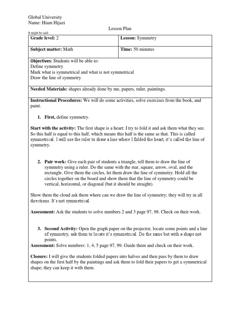Symmetry Lesson Plan for Grade 2 | PDF