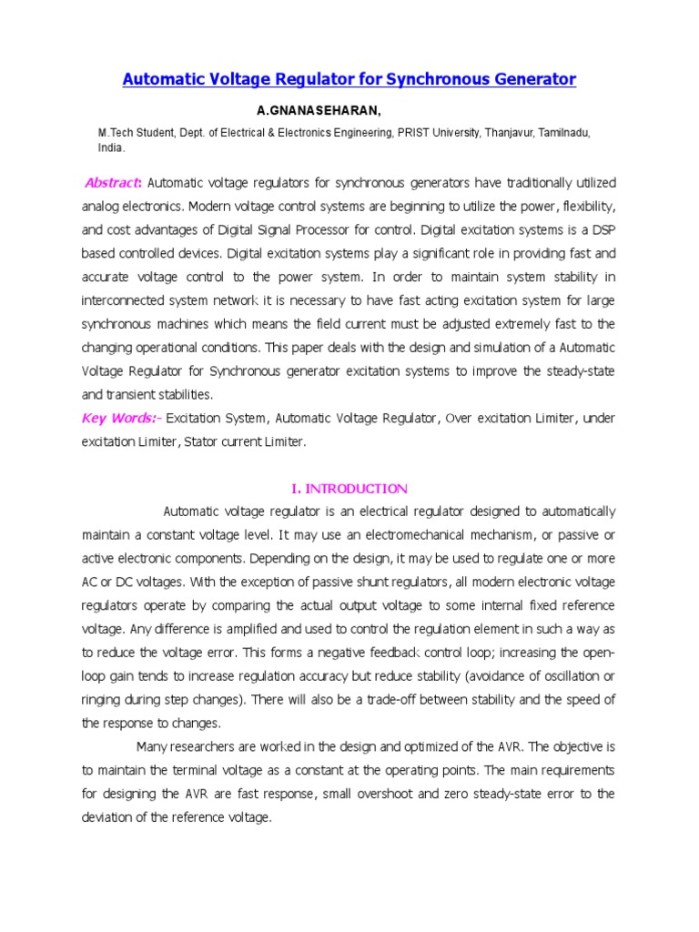 Automatic Voltage Regulator Design for Generators | PDF | Control ...