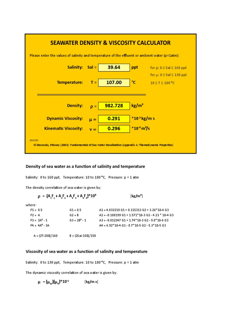 Density&Viscosity Calculator PDF Salinity Seawater