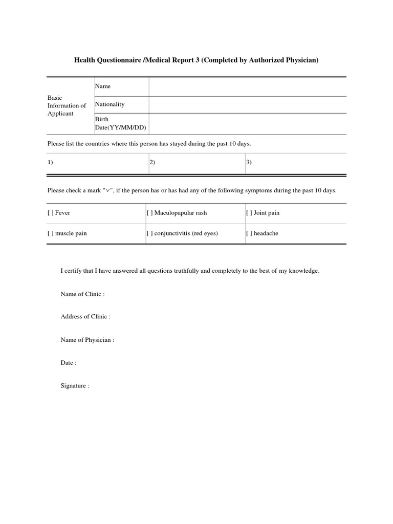 Health Questionnaire /medical Report 3 (Completed by Authorized ...