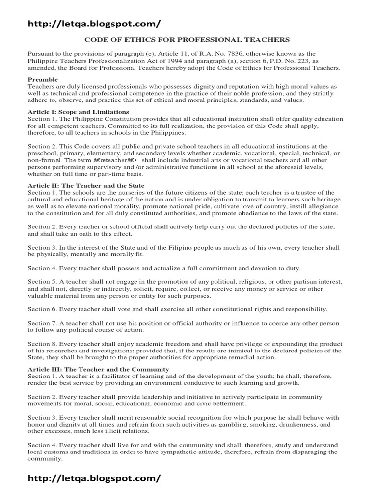 Code Of Ethics For Professional Teachers Pdf Profession Teachers