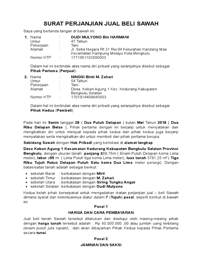 Contoh Surat Perjanjian Jual Beli Bahasa Indonesia