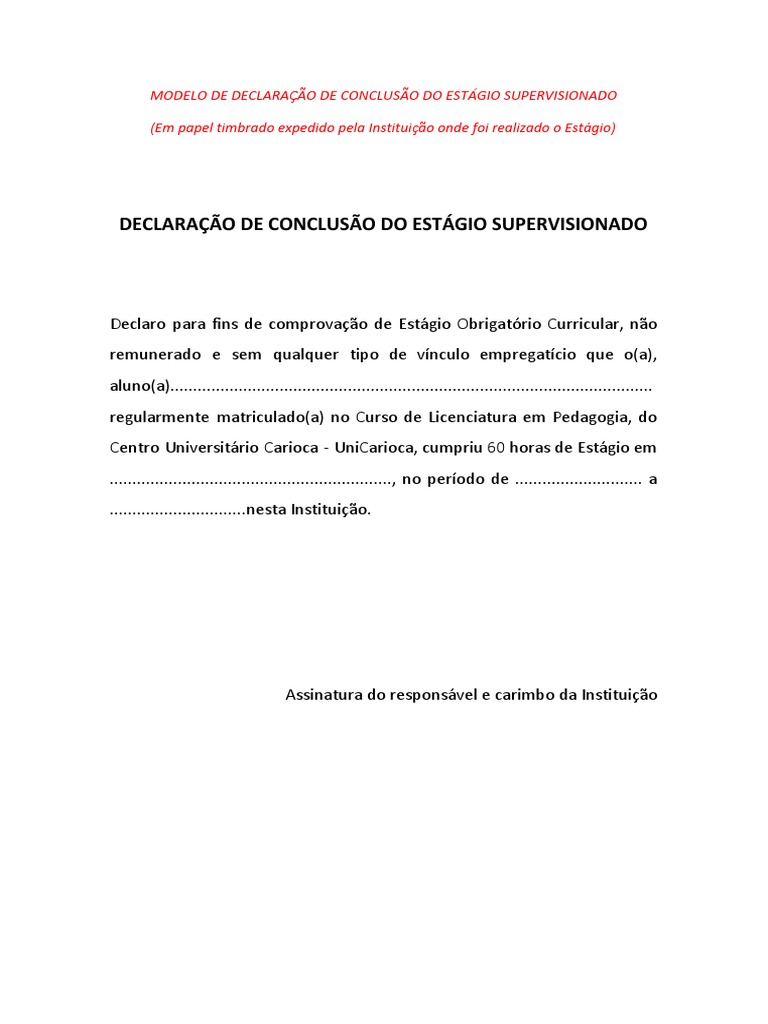 Exemplo De Declaração De Conclusão De Estágio