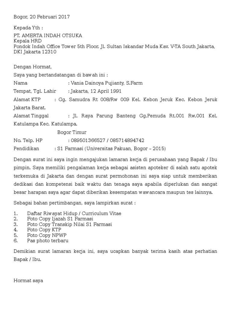 Contoh Surat Lamaran Kerja Di Apotek K24 Berbagai Contoh