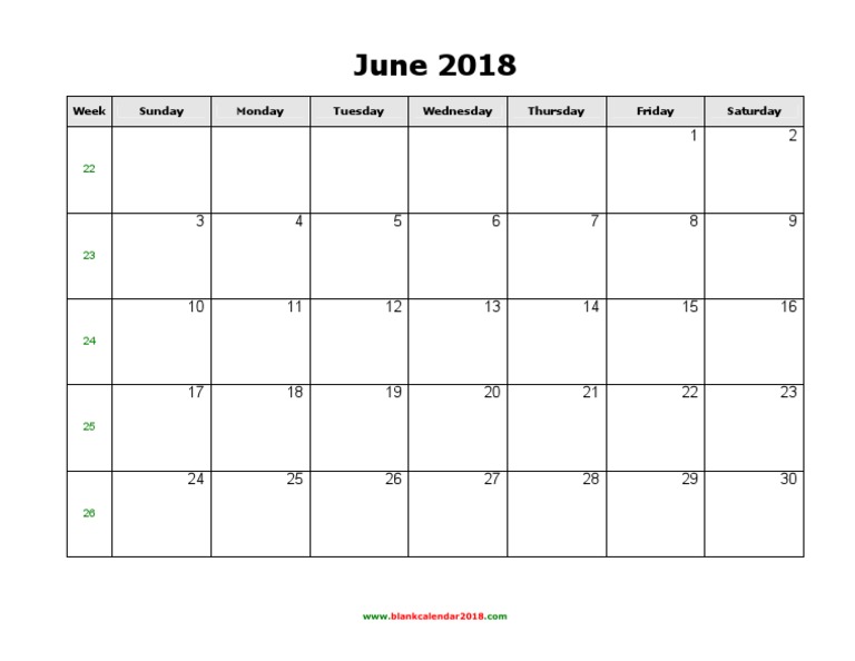 June 2018 Calendar Blank Landscape | PDF