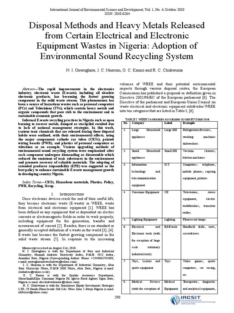 Disposal Methods and Heavy Metals Released From Certain Electrical and