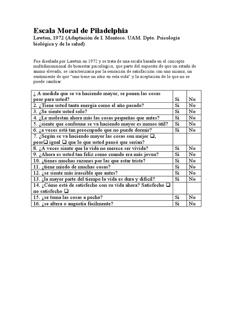 Escala Moral de Filadelfia para Geriatría | PDF | Relaciones personales ...