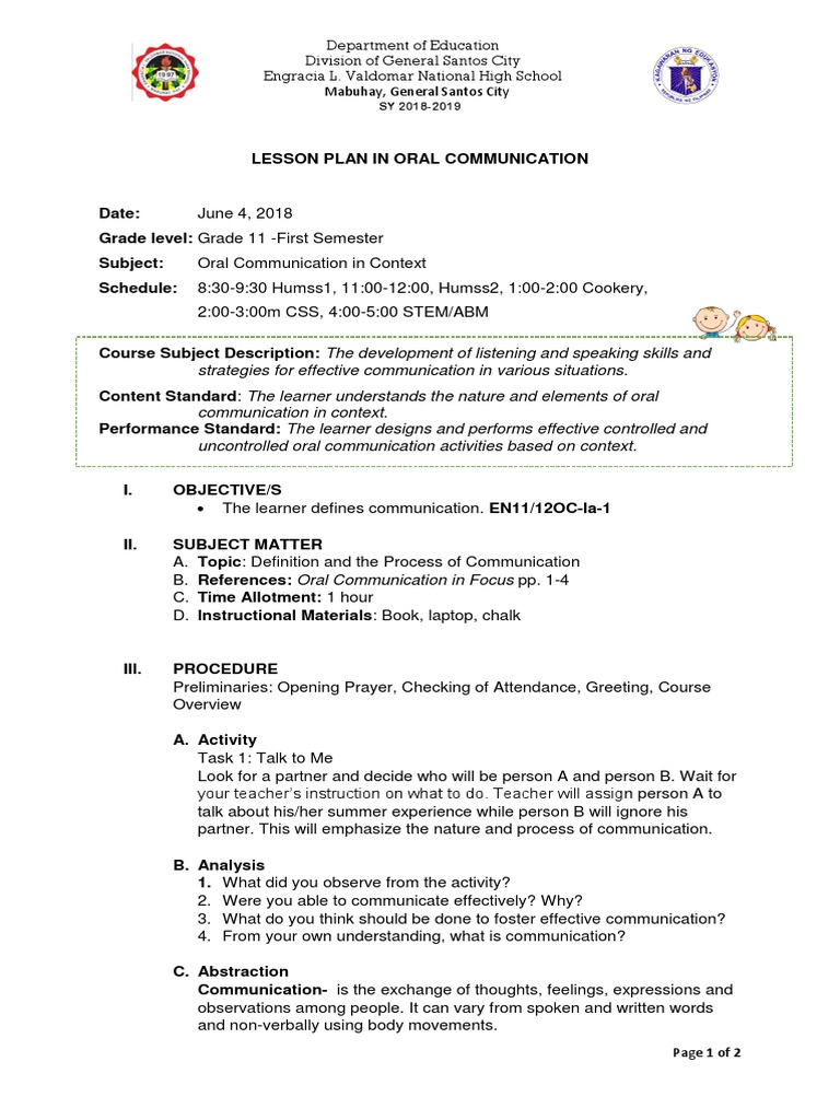 Oral Communication Lesson Plan for Grade 11 | PDF | Lesson Plan ...