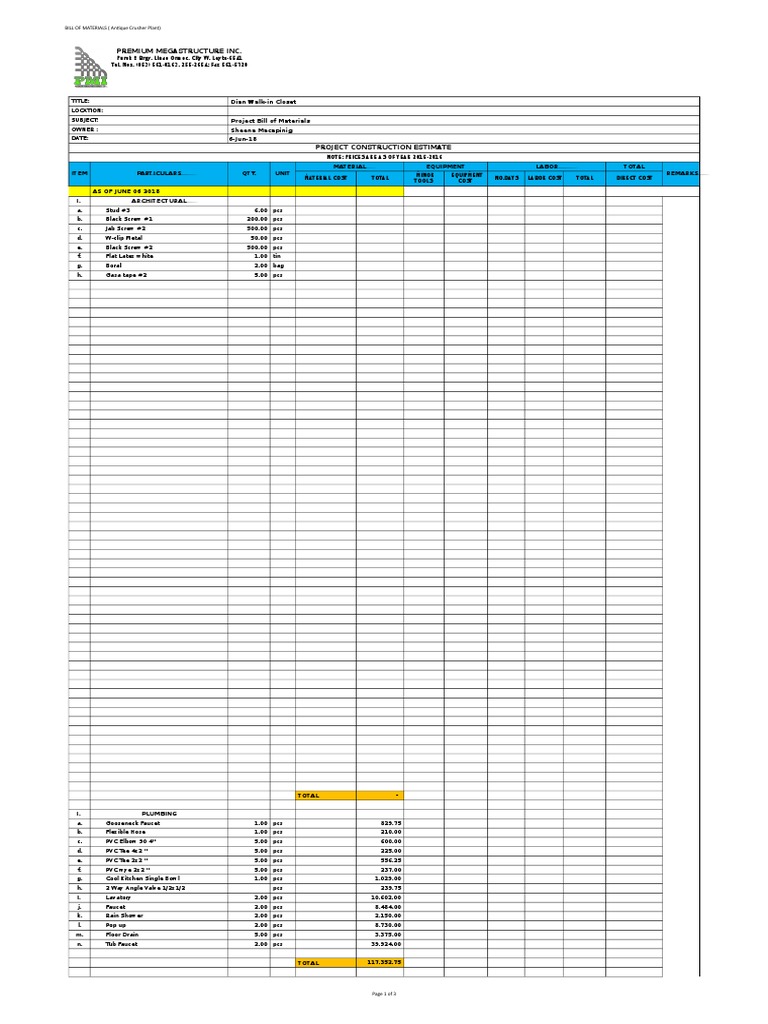 BILL OF MATERIALS - Dian House | PDF | Building Materials | Building